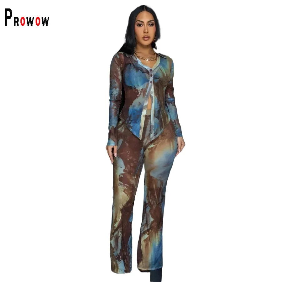 Prowow Fashion Print 2 Piece Women Suits Sheer Mesh Sexy Female Clothing Set V-neck Long Sleeve Blouses High Waist Wide Leg Pant