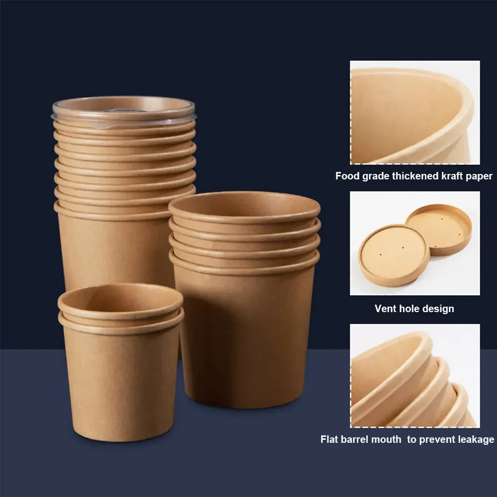 Cheapest Disposable Kraft Paper Bowl 500ml Round Salad Dessert Food Snack Ice Cream Takeaway Packaging Cup with Lids 10pcs/lot