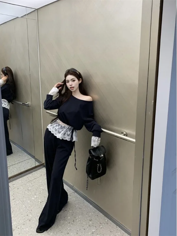 

Весенняя новинка Faion, корейский кружевной длинный све, широкие брюки с колючками, повседневный комплект из двух предметов, женский свитшот