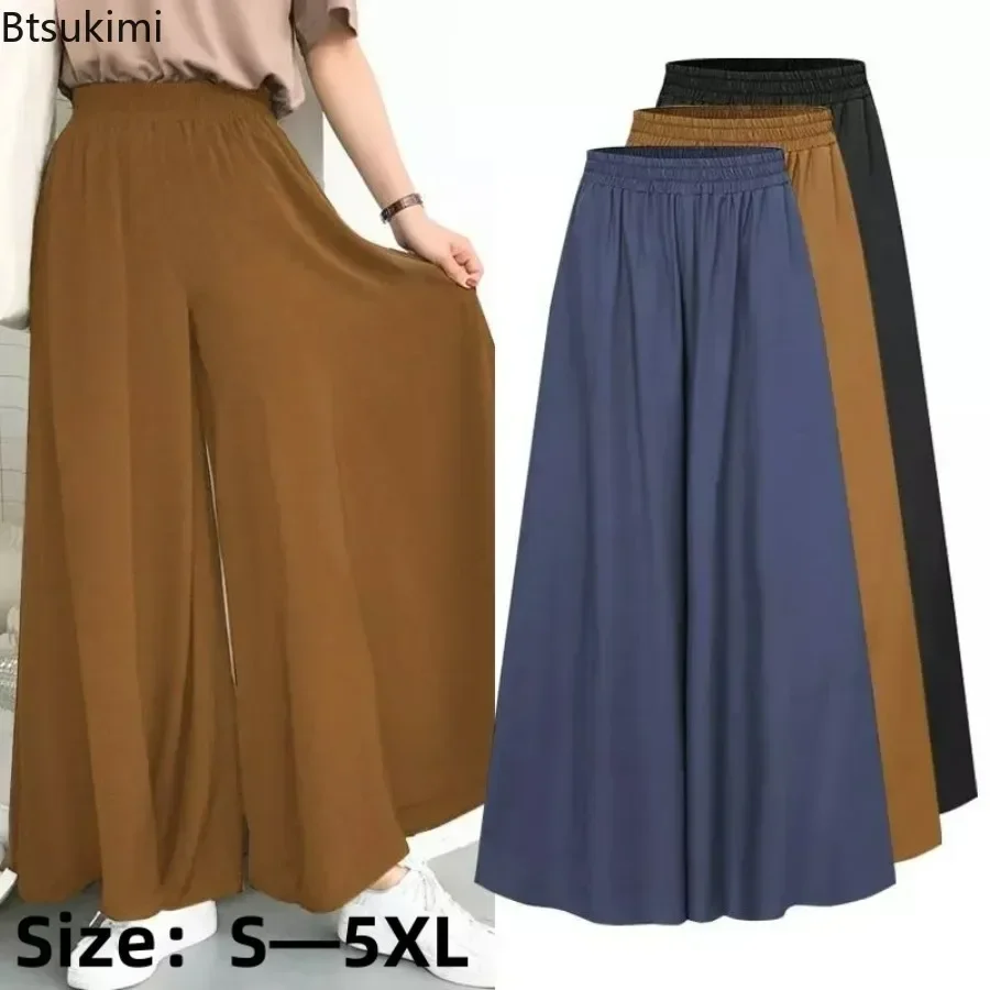 New Women's Spring Summer Casual Pants Plus Size Wide Leg Pants Cotton Linen Mid Rise Elastic Drape Straight Leg Trousers Female
