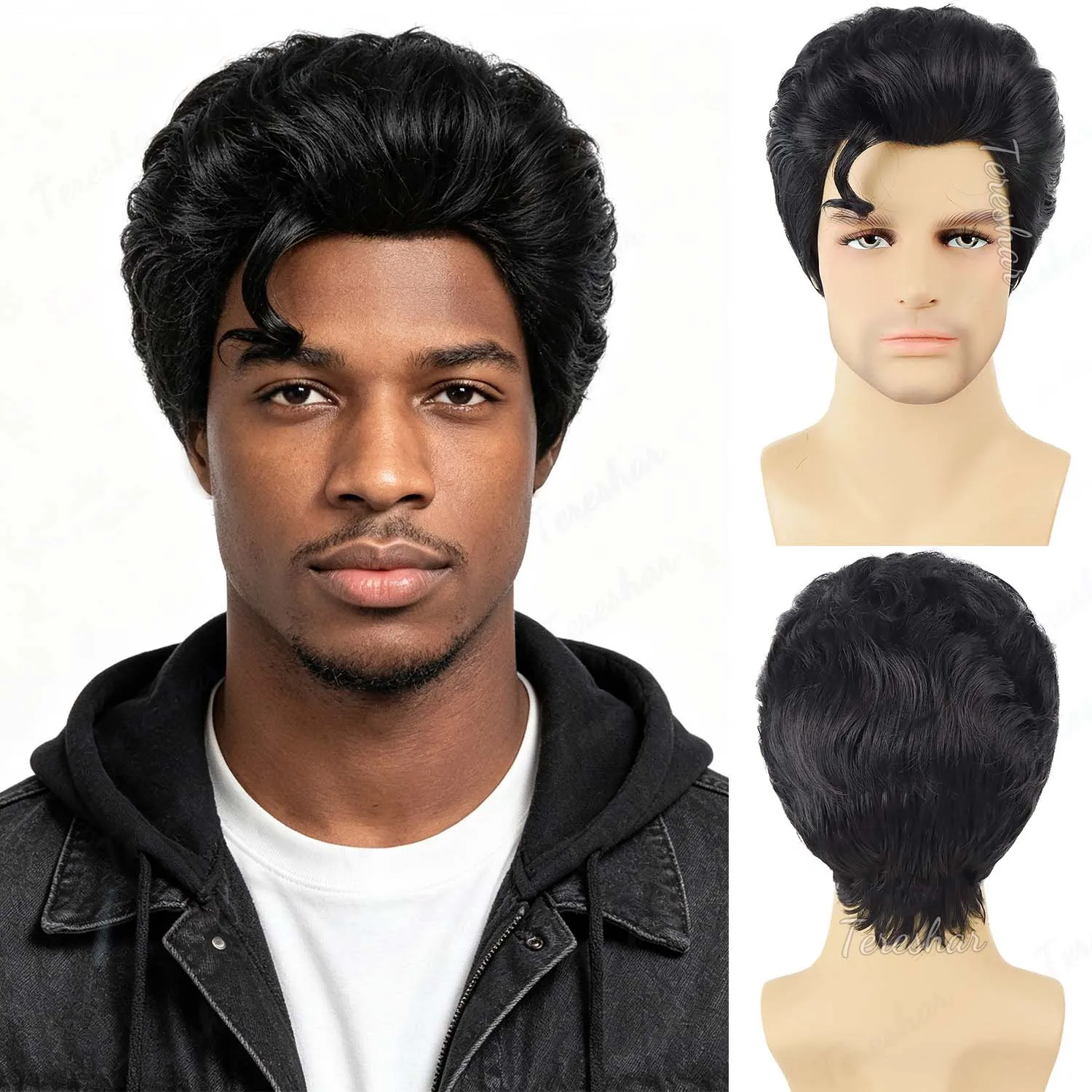 

Synthetic Elvis Black Wig for Men's 1950s Disco Party,Super Funny Man Wig Heat Resistant Short Men Wig for Halloween Cosplay Wig