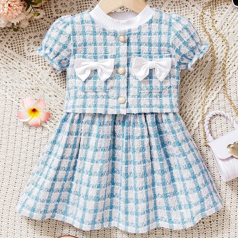 2Piece Summer Toddler Girl Clothes Korean Fashion Plaid Cute Bow Short Sleeve Tops+Princess Dress Boutique Kids Clothing B061