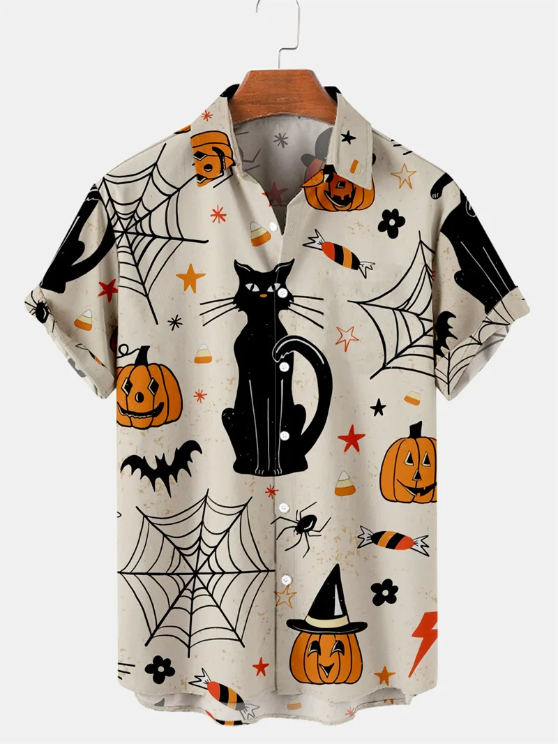 Halloween Pumpkin Head Print Summer Men\'s Shirts Casual Oversized Short Sleeve Fashion Single-Breasted Blouses Trend Men Clothes