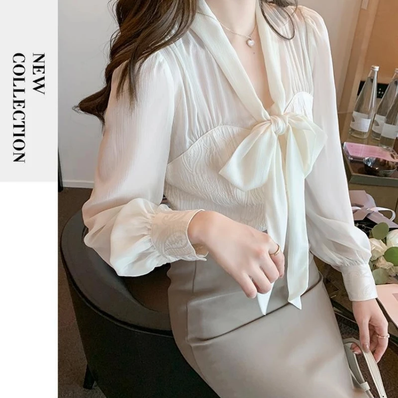 Temperamento arco laço fino blusa curta primavera outono nova manga longa sólida elegante camisa topos moda doce roupas femininas