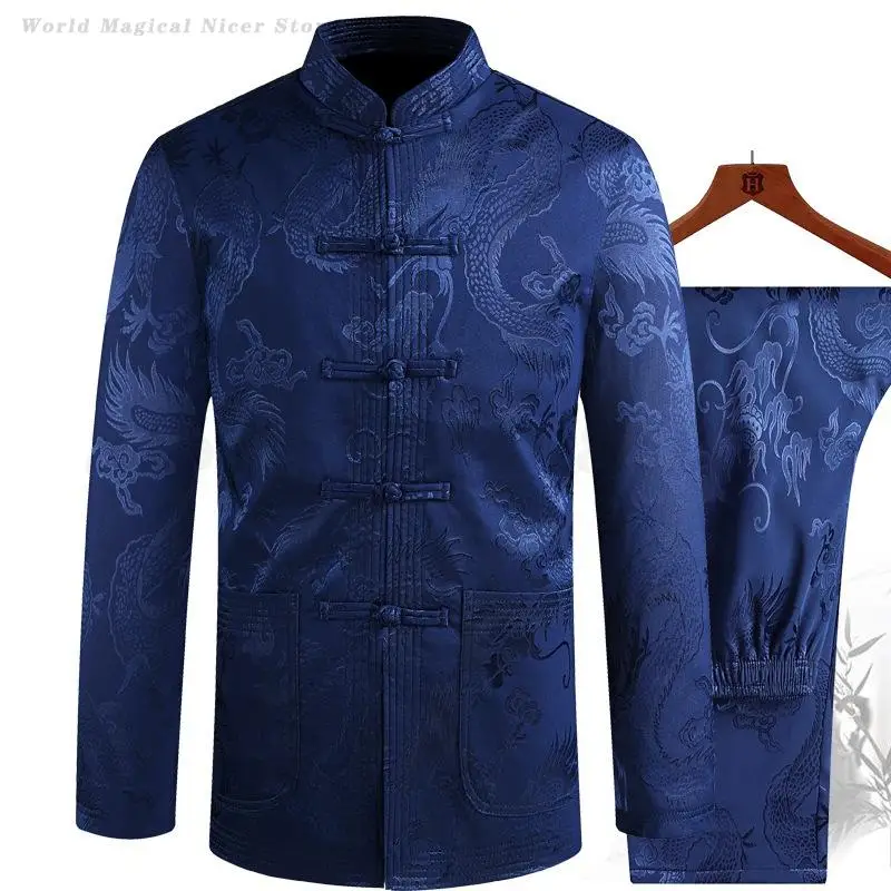 Terno tang para idosos de meia-idade, roupas chinesas masculinas hanfu, ano novo, fantasia de festa de aniversário do vovô, kung fu, tai chi, loungewear