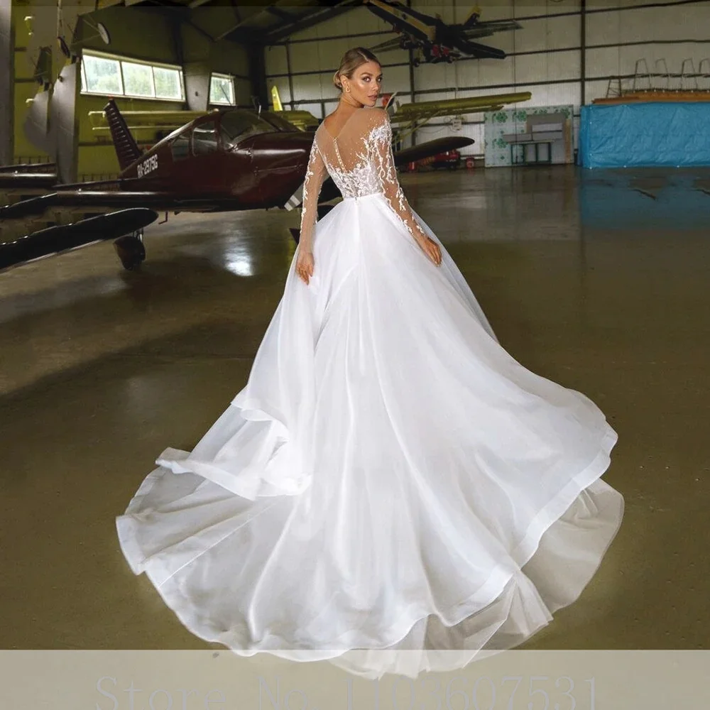 Vestido de novia de manga larga para mujer, traje elegante de tul de encaje con apliques de cuello transparente, corte acampanado