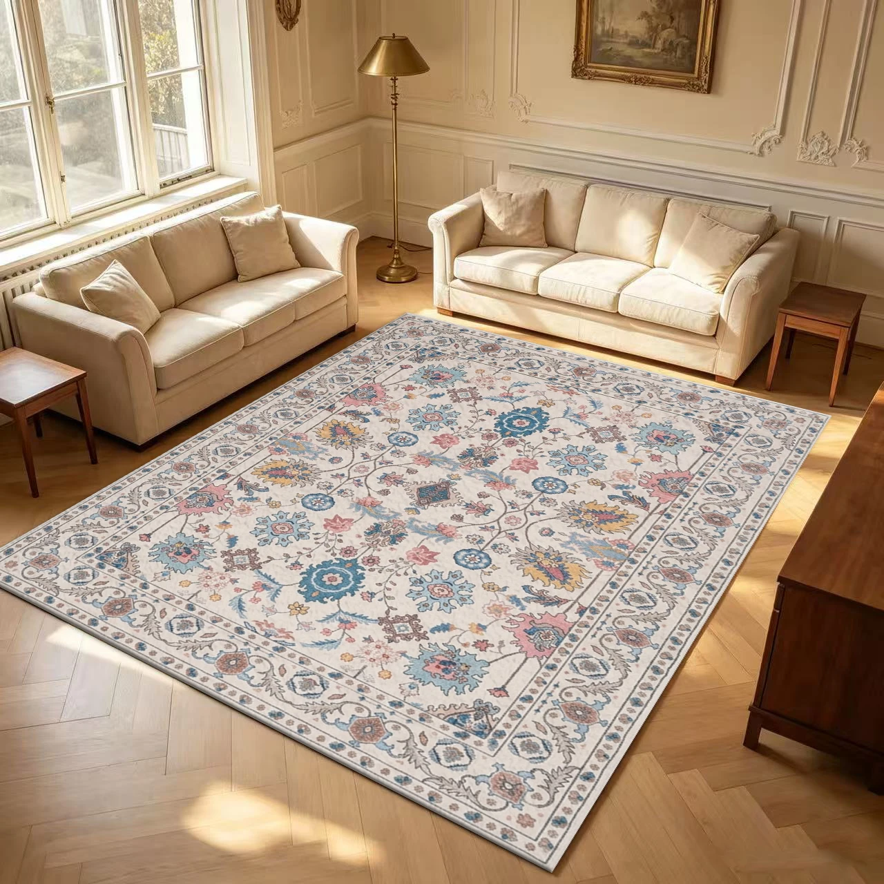 Cream-Colored Soft Oriental Floral Pattern Carpet, Vintage Persian Medal Pattern, Non-Slip, Washable Floor Carpet for Living Room and Bedroom Decoration