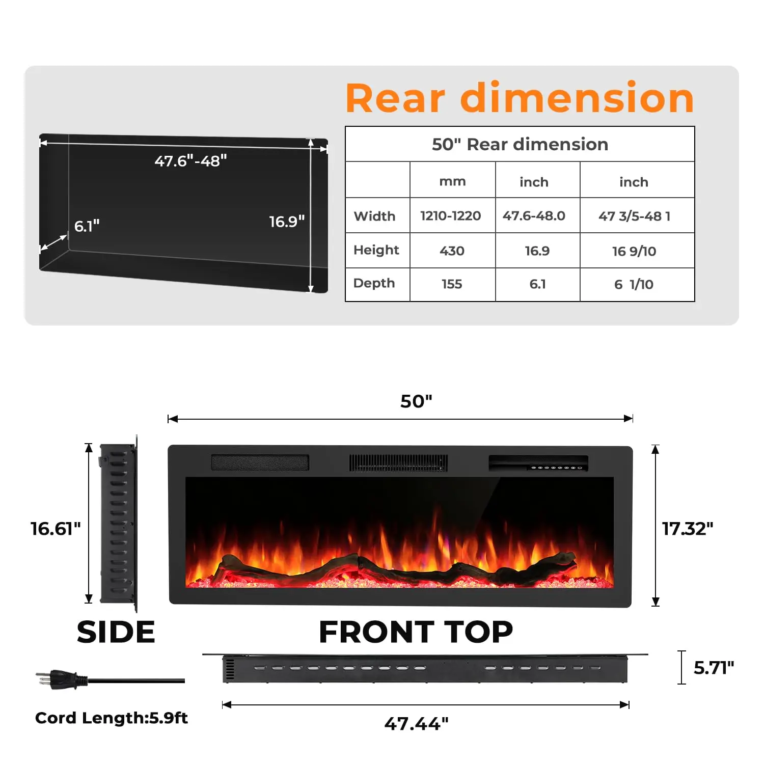 50 Inch Recessed and Wall Mounted Smart Electric Fireplace, Alexa/WiFi Enabled, APP Control with Multiple Sound Modes
