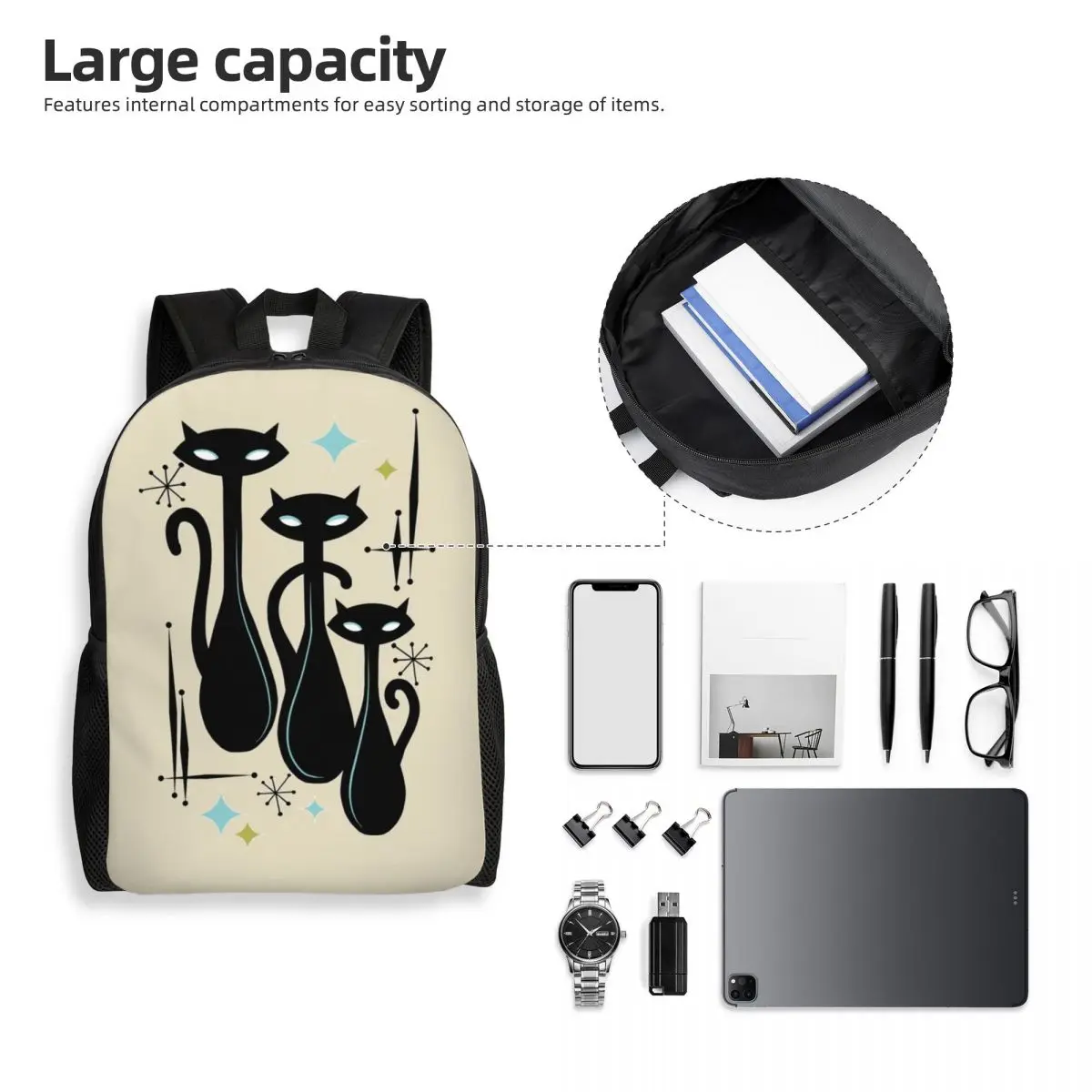 Customized Modern Meows Atomic Age Black Kitschy Cats Backpack Women Men Basic Bookbag for College School Bags image 5