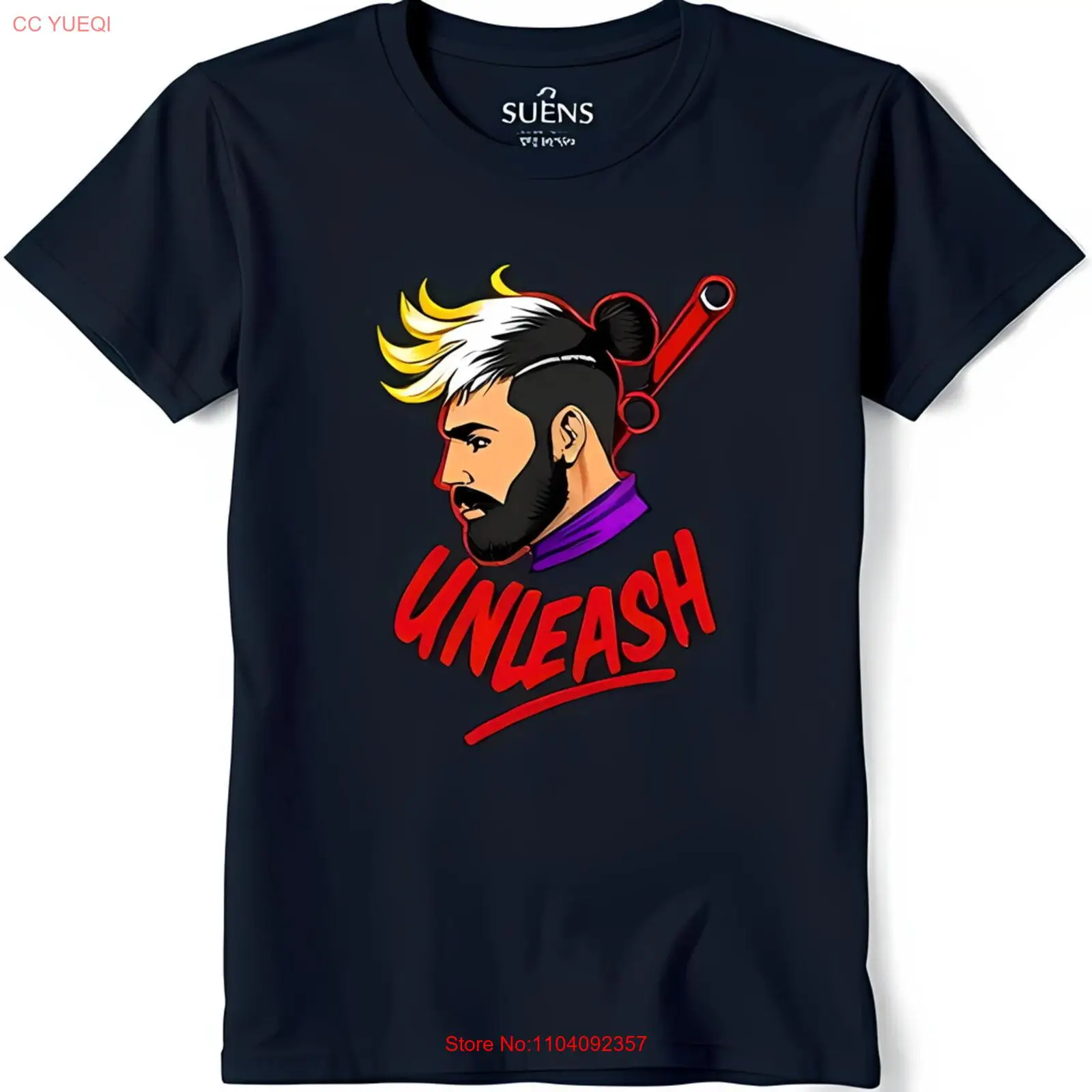 

Men's Blue Graphic T-Shirt Beard Design with Scarf & 'UNLEASH' Text for Gamers