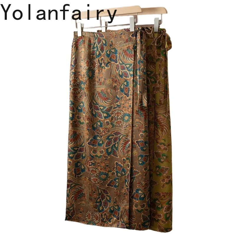 YOLANFAIRY 100% Real Mulberry Silk Skirt for Women Wrap Waist Tie Skirts Long Gambiered Printed Straight Silk Skirt Back Slit