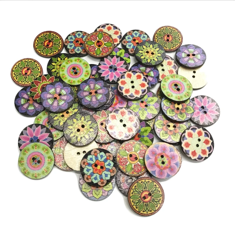 Botones de madera vintage para ropa de bricolaje, 2 agujeros, botones decorativos mixtos, accesorios de costura, 15 mm, 20 mm, 25 mm, 50 piezas