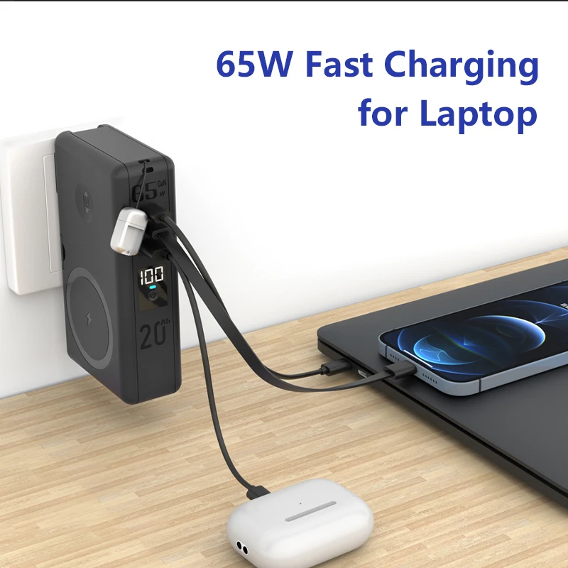 Solid-state Battery Power Bank 20000mAh 65W Fast Charging for Laptop 25W Wireless Charger for iPhone Magnetic Charger for iWatch