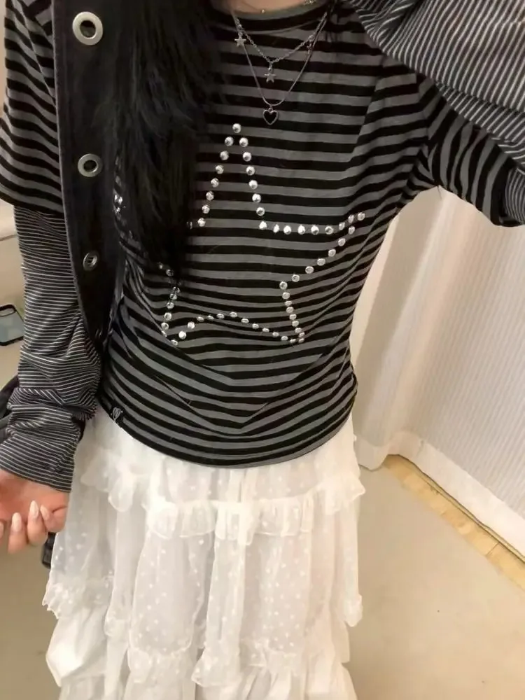 النساء تي شيرت ستار الحفر الساخن مخطط وهمية قطعتين المرقعة كم طويل الخريف موضة Y2k بلايز أنثى عادية المحملة #4