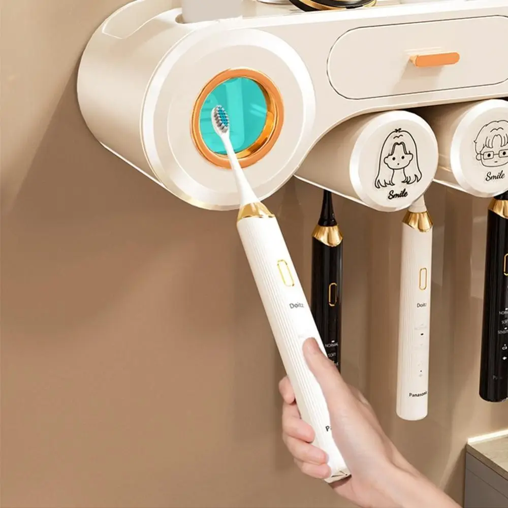 

Wall Mount Toothbrush Storage Rack Non Perforated Space Saving Toothpaste Shelf 4 Person Reusable Bathroom Storage Shelf