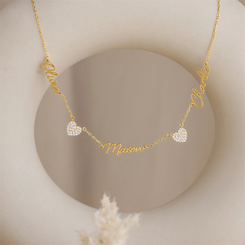 Two Pave Zircon Heart Custom Name Necklaces for Women Wedding Gift Minimalist Jewelry Personalized Multiple Names Charm Choker