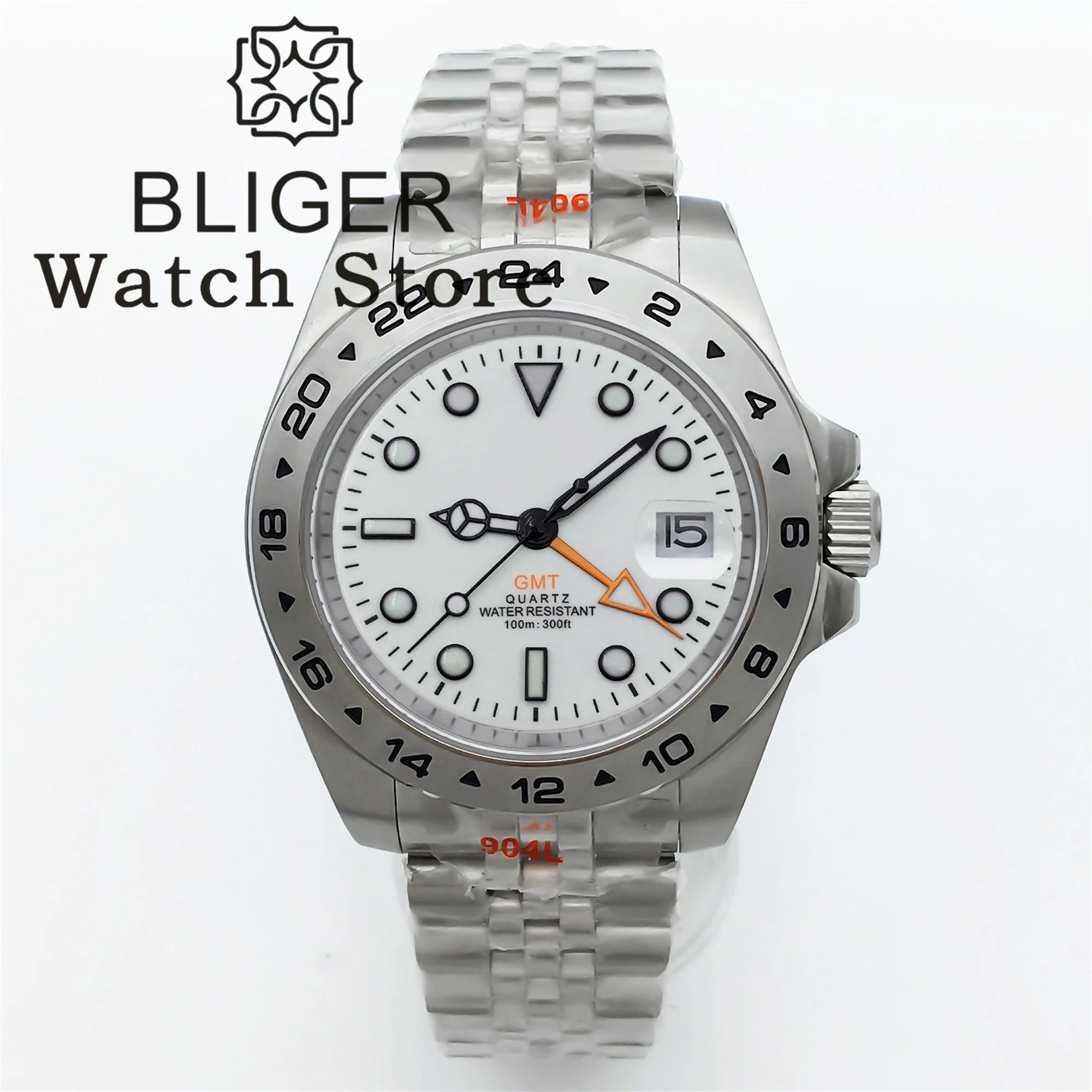 BLIGER 39mm Ronda 515 Quartz Watch For Men Black White Dial luminous 24 Hour GMT Bezel Stainless Case Sapphire glass GMT Hand