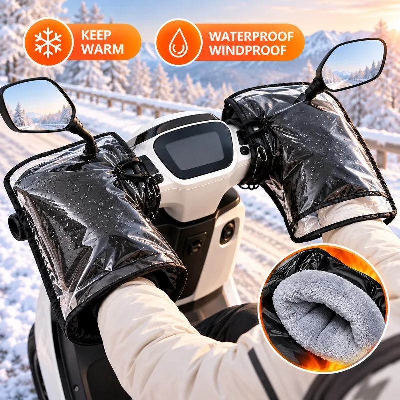 Winter Motorcycle Handlebar Mitts, Fleece-Lined Covers for Electric Bikes, Scooters and Mopeds, Clear Weather Cover, 2-Piece Set