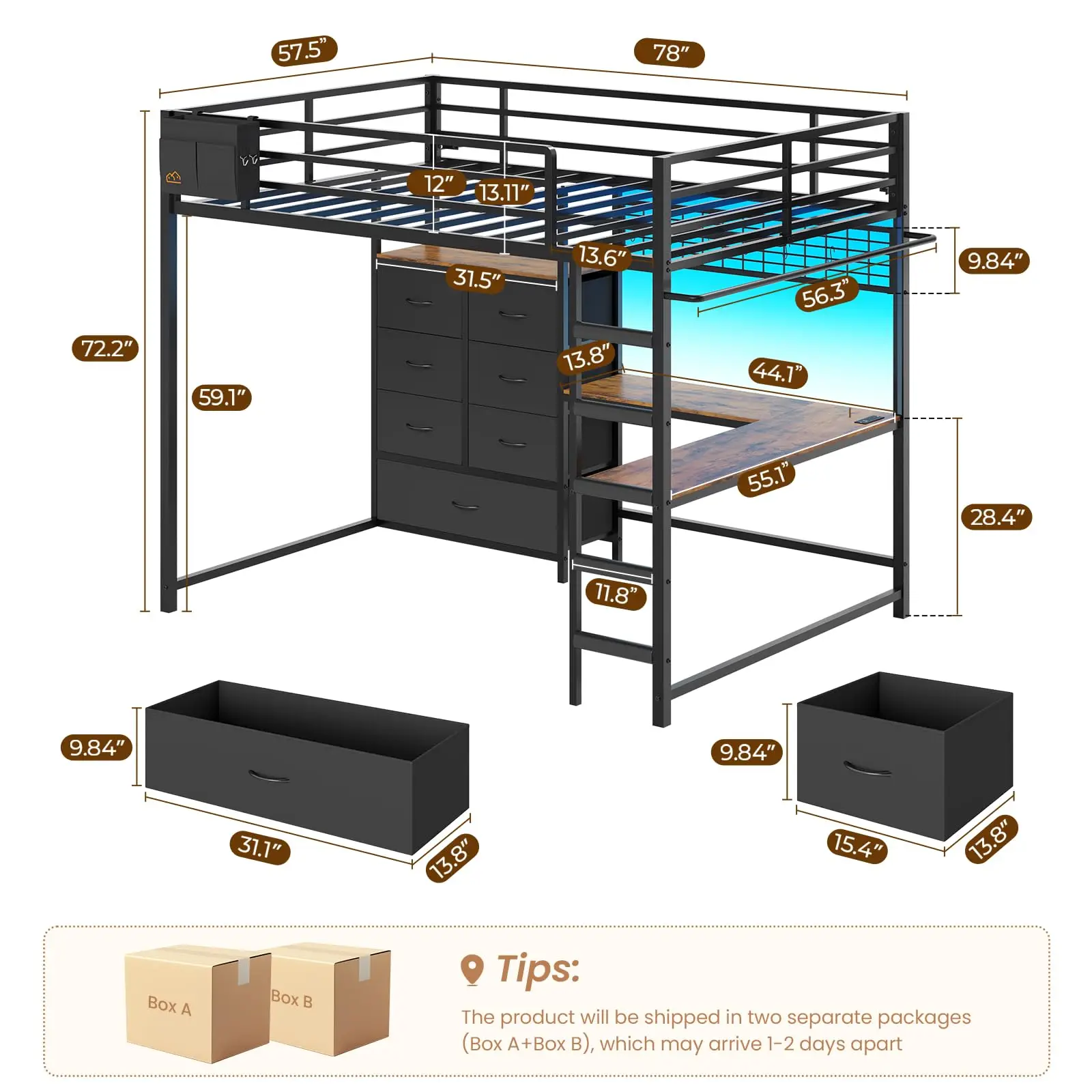 Full Loft Bed with L-Shaped Desk and 7 Storage Drawers,Metal Full Size Loft Bed for Teen with LED Lights and Charging