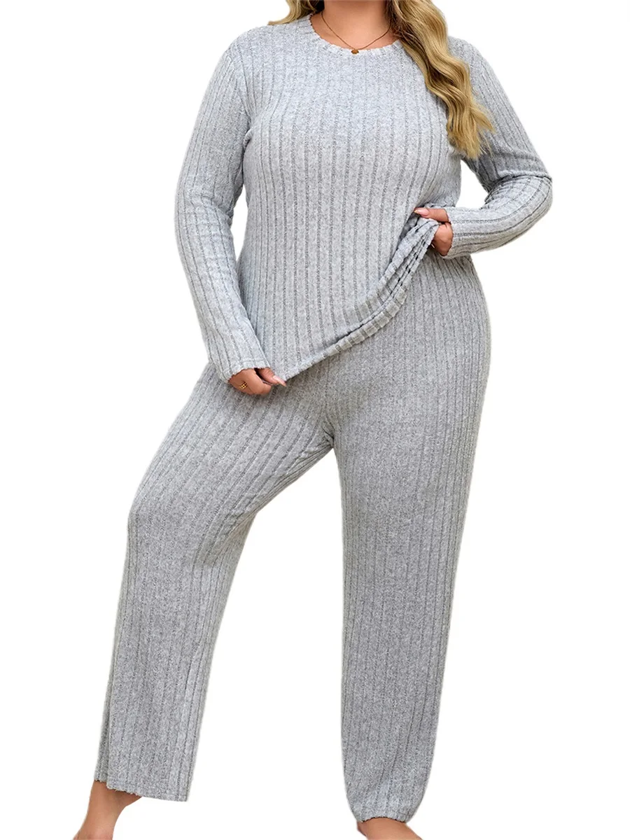 Women s 2 Piece Lounge Set Long Sleeve Solid Color O Neck Ribbed Tops Pants Sleepwear Sets