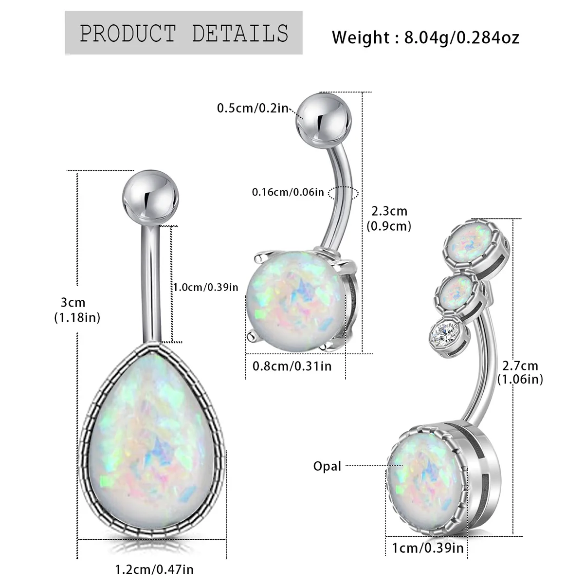 1PC  Water Drop Opal Stone Navel Piercing Stainless Steel Round Opal Belly Button Ring Women Sexy Body Piercing  Navel Ring