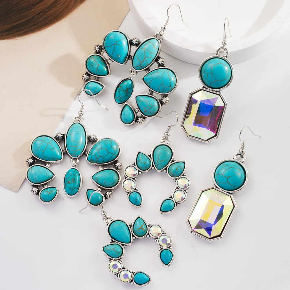 Cross Border Retro Turquoise Geometric Earrings Alloy Inlaid With Turquoise Colored Diamonds Bohemian Temperament Earrings