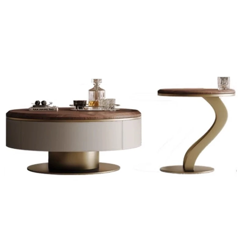Italian light luxury saddle leather ash wood coffee table household small apartment round coffee table size round