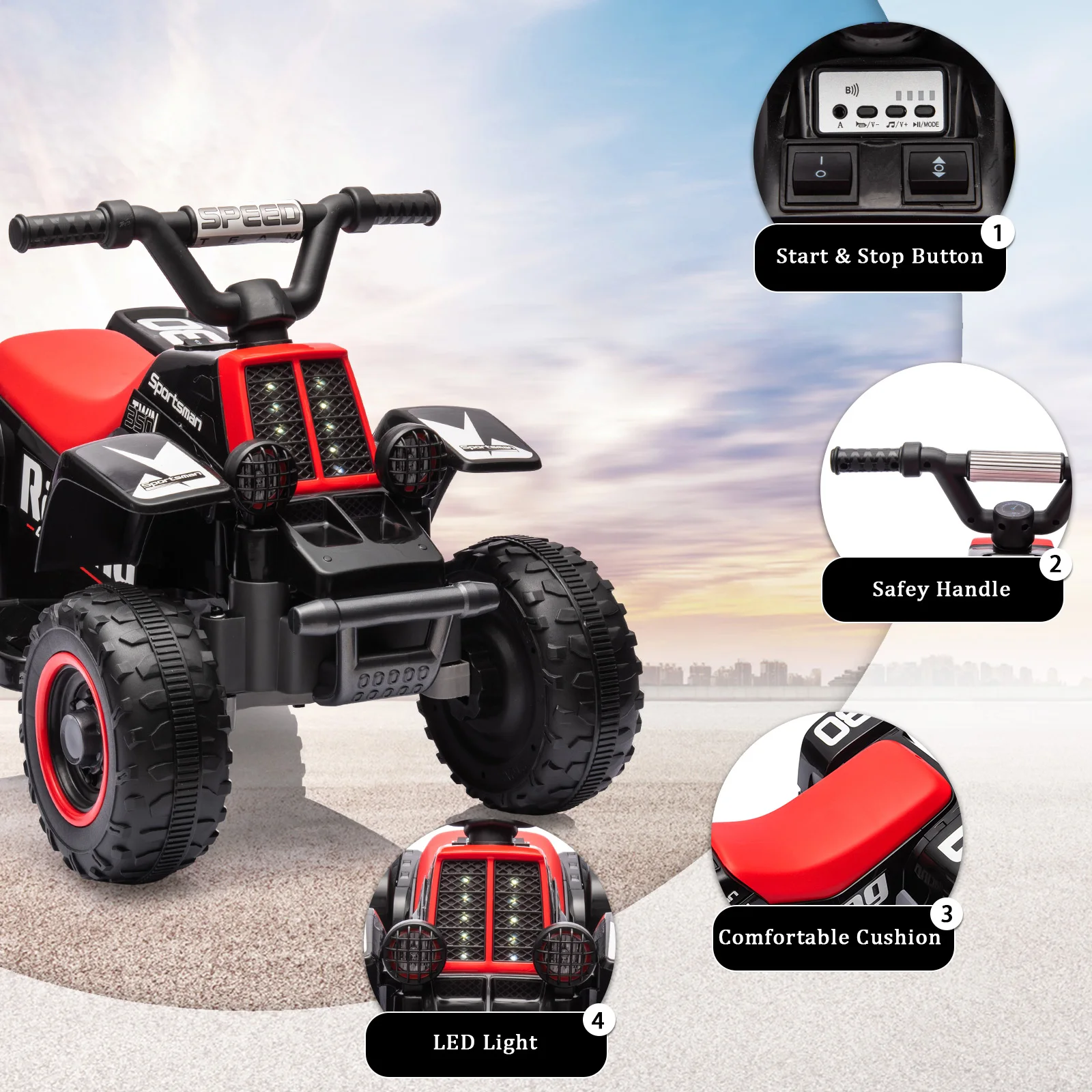 Giro elettrico su ATV per bambini a 4 ruote da 6 V, macchinina con luci a LED, connettività MP3, funzioni avanti e indietro, per oltre 3 anni