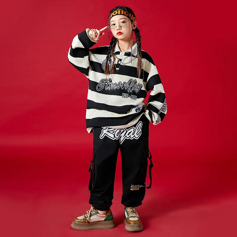 Trajes de espectáculo de danza callejera de Jazz para niños, camisas a rayas de manga larga de Hip Hop para niñas, pantalones de pasarela a la moda, trajes