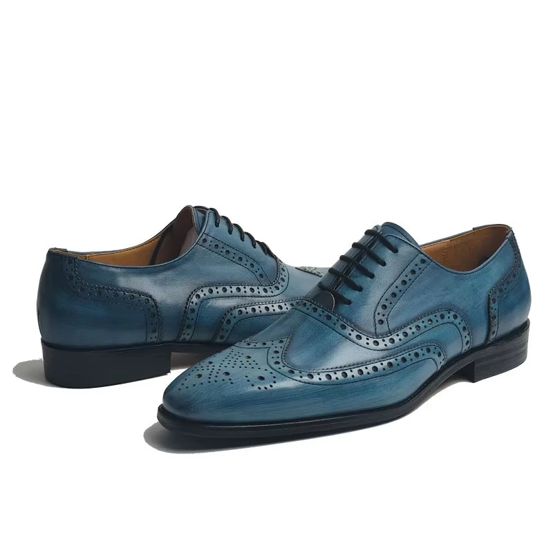 High Quality Arrival Lace up Brogue Shoe for Men Elegant Comfortable Genuine Leather Pointed Toe Blue Business Social Dress Shoe - Image 4