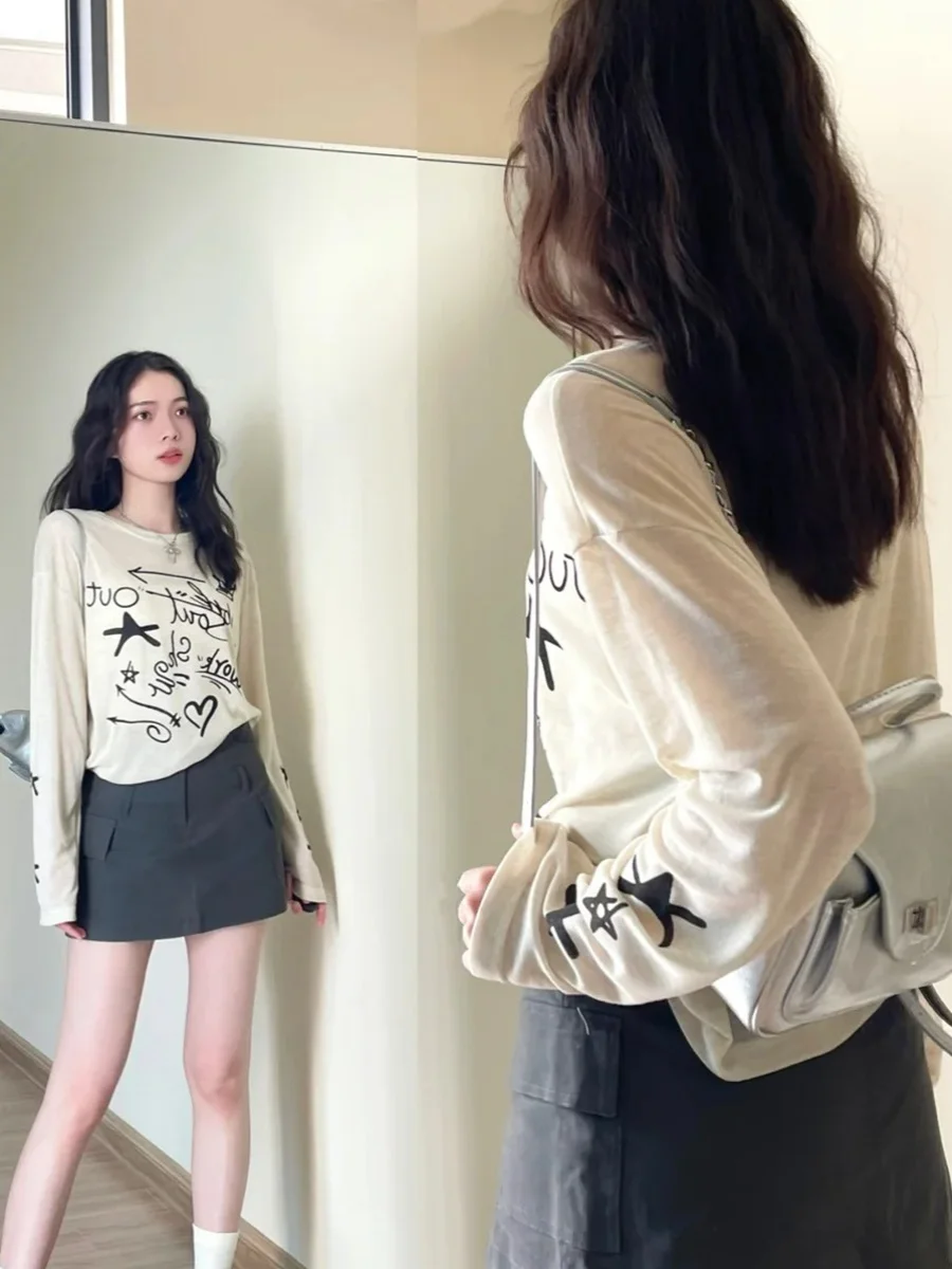 Summer Women's Long Sleeve T-Shirt Ice Silk Draped Thin Casual Print Air Conditioner Covering Top Loose Fit round Neck Tee