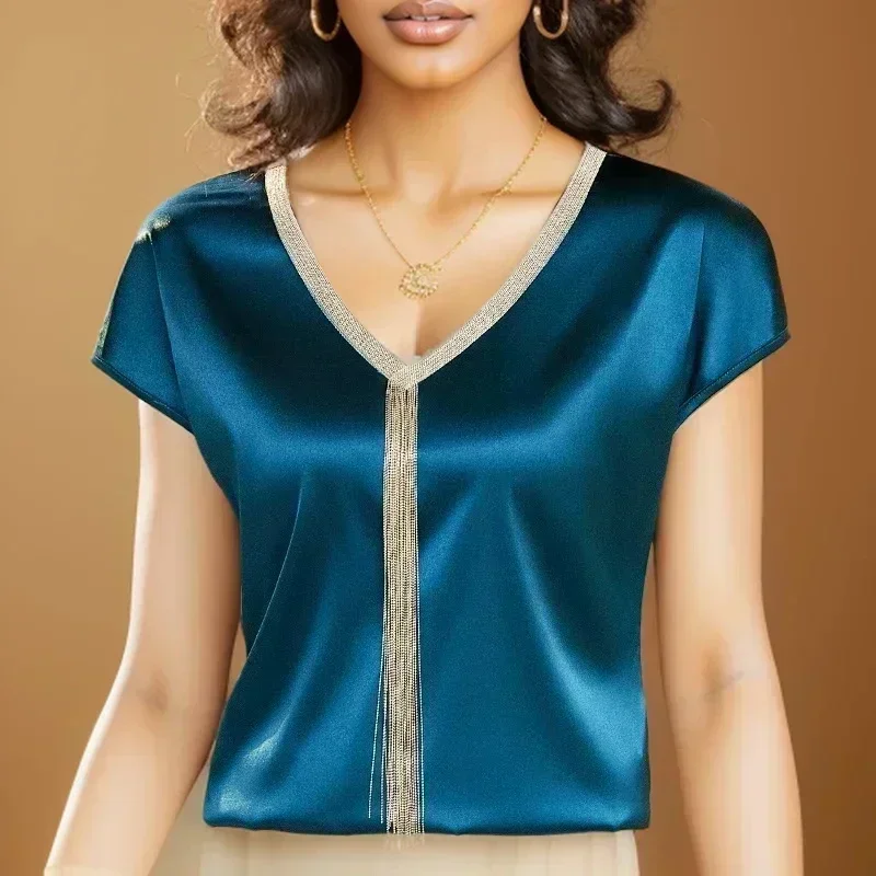 

GELITAYIN New Summer Silk Blouse Women Fashion Solid Short Sleeve Tassel Satin Shirts For Women Loose Casual V-neck Office Lady