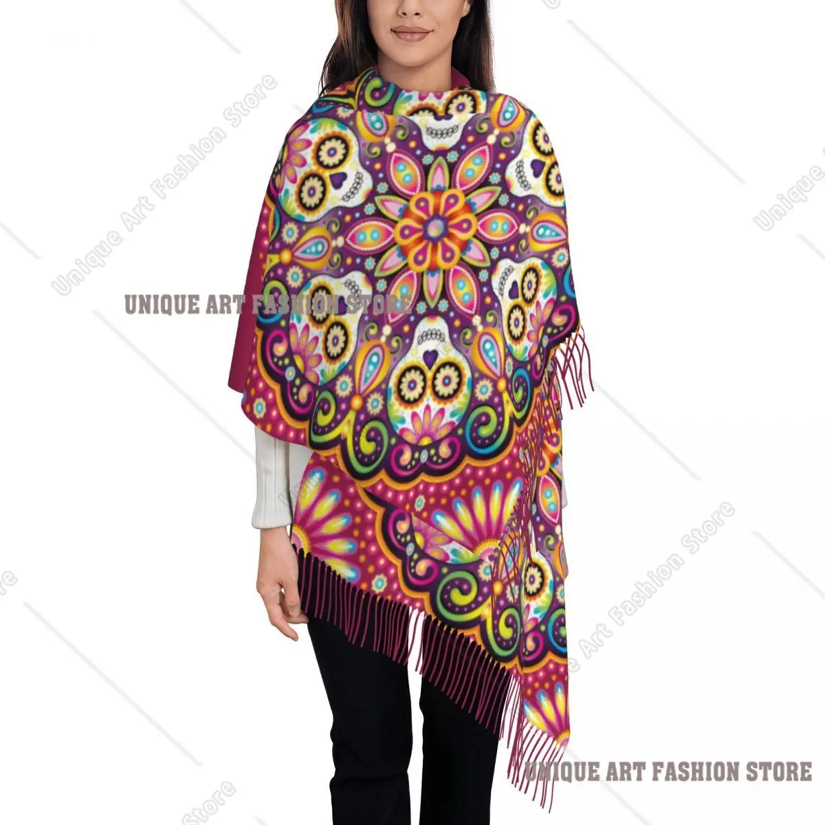 Custom Mexican Sugar Skull Mandala Tassel Scarf Women Winter Warm Shawls Wraps Lady Halloween Day Of The Dead Scarves