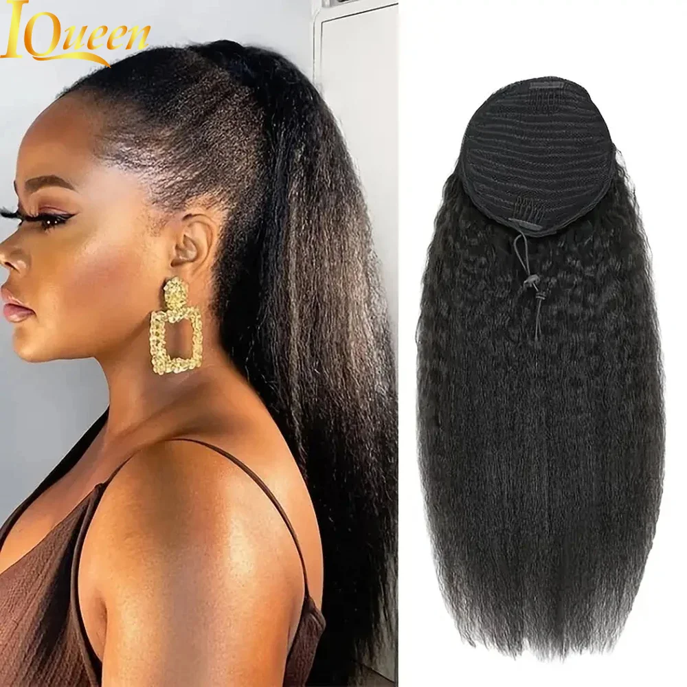 

Kinky Straight Ponytail Human Hair Extension 100g Wrap Around Clip In Ponytail Natural Black #1B Remy Indian 18 Inch For Women