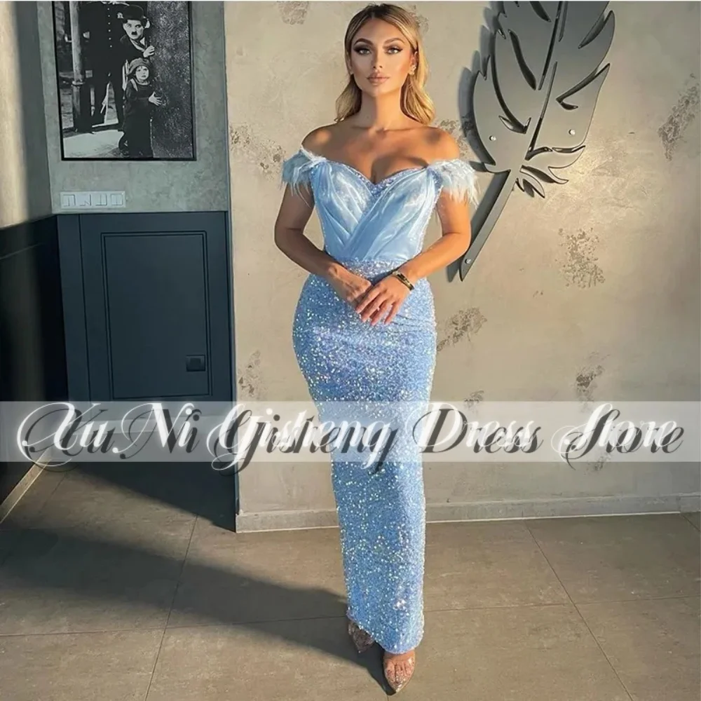 

2024 Blue New Prom Dress Slimming Mermaid Sparkly Sequin Feather Ankle-Length Special Evening Dress Women Cocktial Party Dress