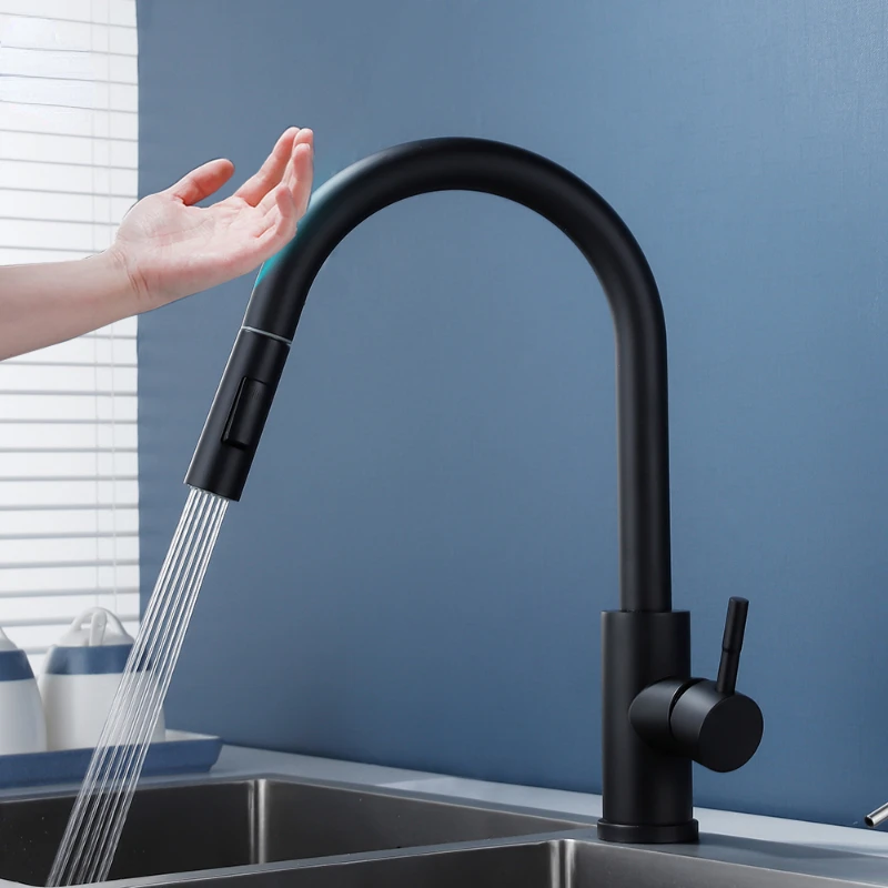 

Kitchen Faucet Cold and Hot Pull Out Two Function Deck Mounted Smart Sink Tap Black Battery Powered Touch