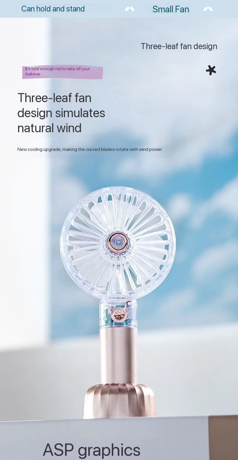 Silent Desktop Mini Cooling Fan Portable Handheld & Standable Rechargeable with 500mAh Battery for Desk Use & Eyelas