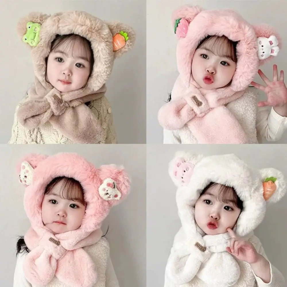 Thick Warm Neck Protection One-Piece Beanies Cap Bear Ear Winter Baby Hat Scarf Plush Windproof Kids Hooded Scarf