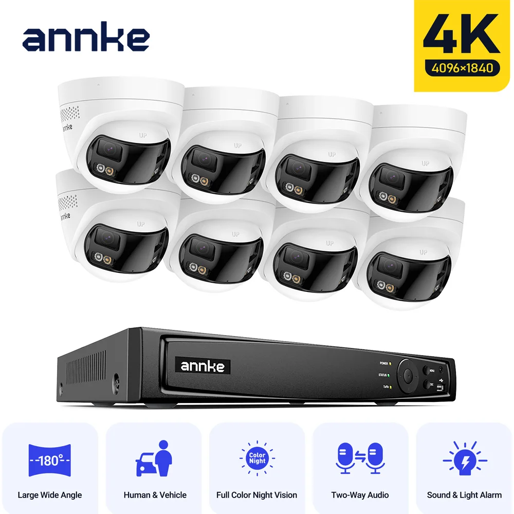 نظام كاميرا مراقبة فيديو خارجي ANNKE 4K 180 ° كاميرا IP PoE ذات العدسة المزدوجة، كاميرا ذكية للكشف عن المركبات البشرية بدقة 8 ميجابكسل POE #1