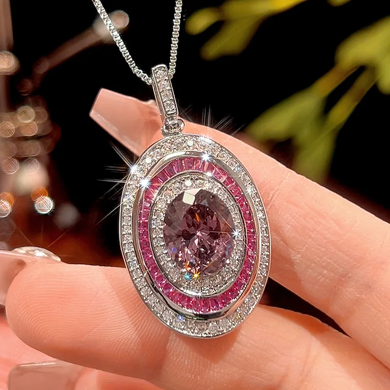 Luxury Pink Oval Cubic Zirconia Jewelry Adjustable Ring Necklace with Ruby Red Accents Vintage for Women Sparkling Crystal Party
