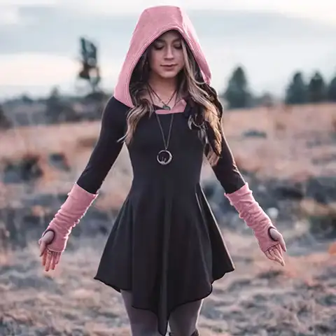 Plus Size Retro Dress, Women's Plus Warm Contrasting Colors Long Sleeve Asymmetrical Hem Slight Stretch Hooded Dress