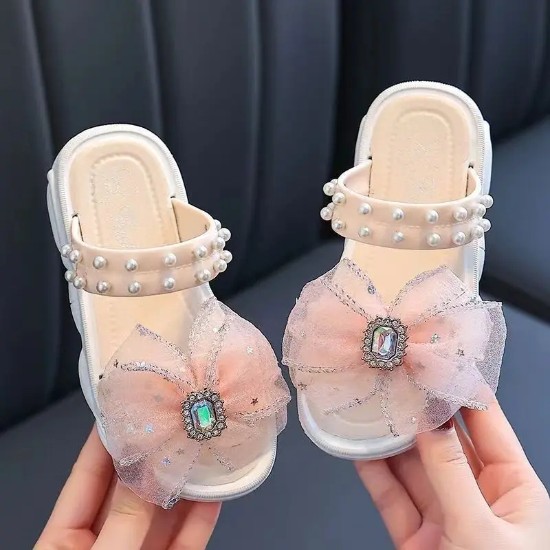 Trendy Cute Rhinestone Pearl Bowknot Decor Slippers For Girls, Breathable Lightweight Wear-resistant Slippers For Indoor Home