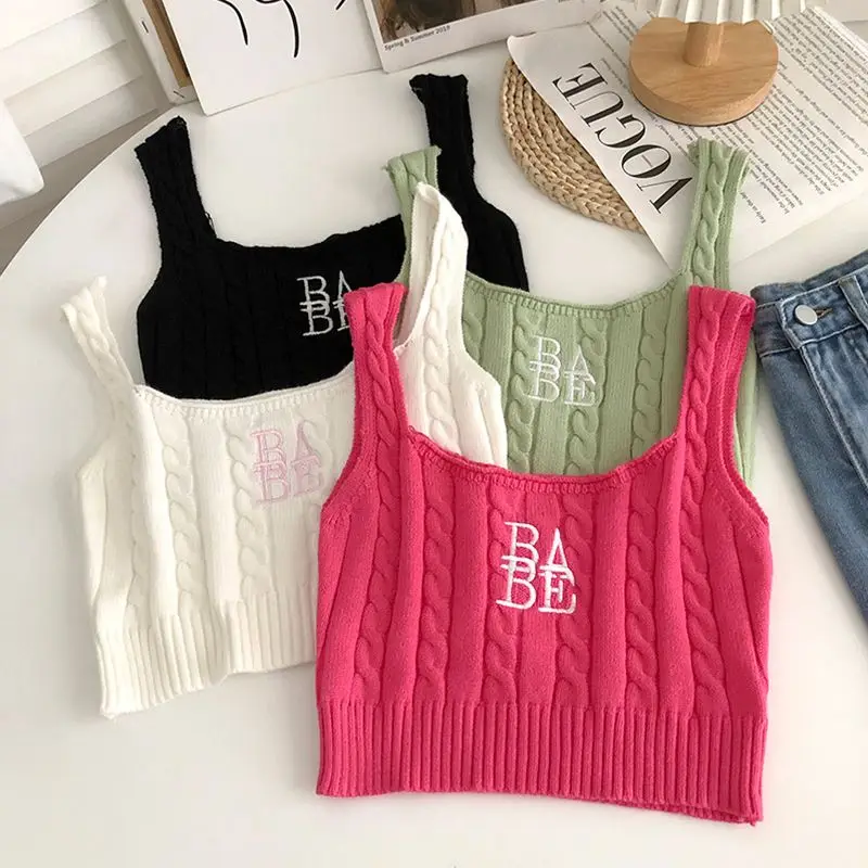 

Twist Textured Letter Embroidered Cropped Knitted Vest Women's Summer 2023 Versatile Green Small Suspenders Tank Top