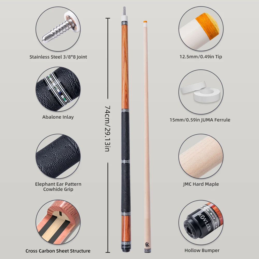 KONLLEN خشب القيقب تجمع جديلة انحراف منخفض مهنة البطانة Tulipwood البلياردو عصي بركة مع أنبوب الكربون داخل وطرف 12.5 مللي متر