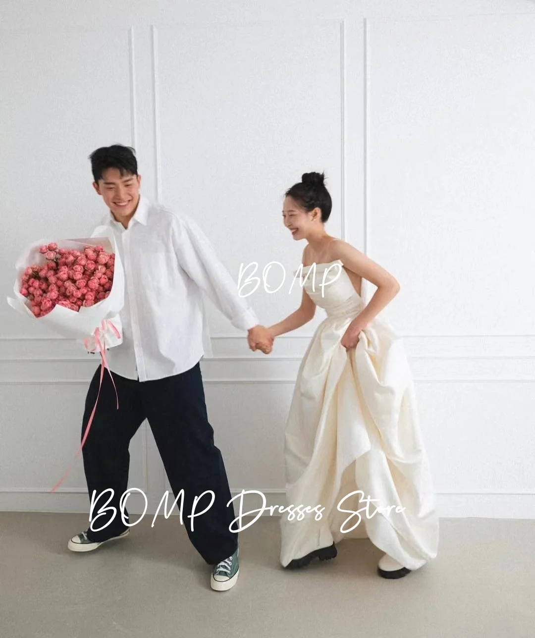 ZHIO Einfaches Falten-Hochzeitskleid mit Spaghettiträger, ausgeschnitten, elfenbeinfarben, A-Linie, Taft, Korea, Fotoshooting, Brautkleid, individuell gestaltet