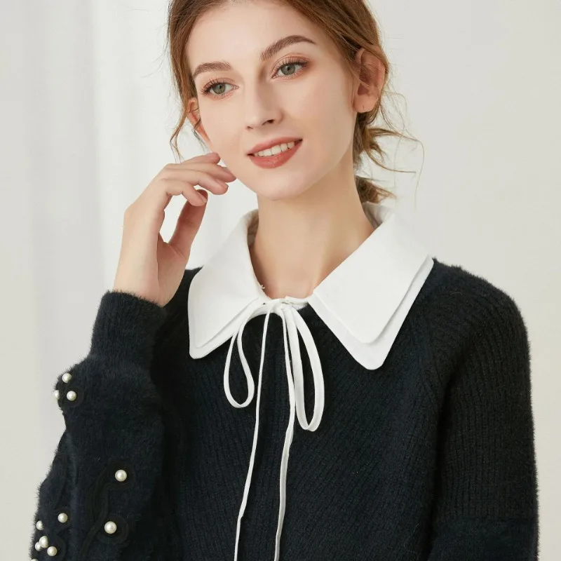 Double Layered Pointed Fake Collar for Women's Doll Bowknots Shirt Detachable False collar White Chiffon Neck Ties Collars