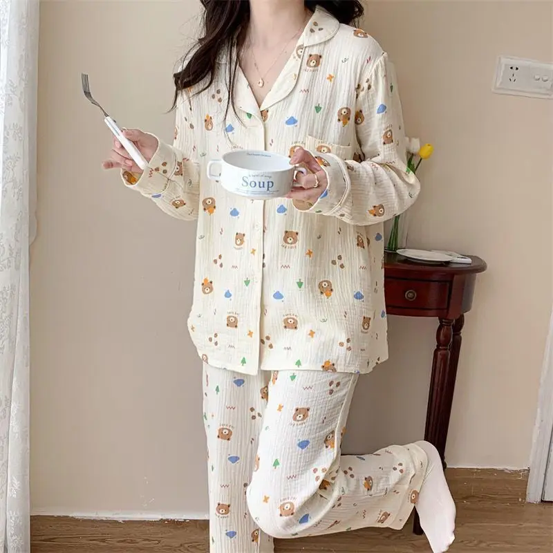 Bear Gauze Pajamas Spring and Autumn Long-sleeved Trousers Sleepwear Cartoon Printing Japanese Homewear Suit Women\'s Pajamas