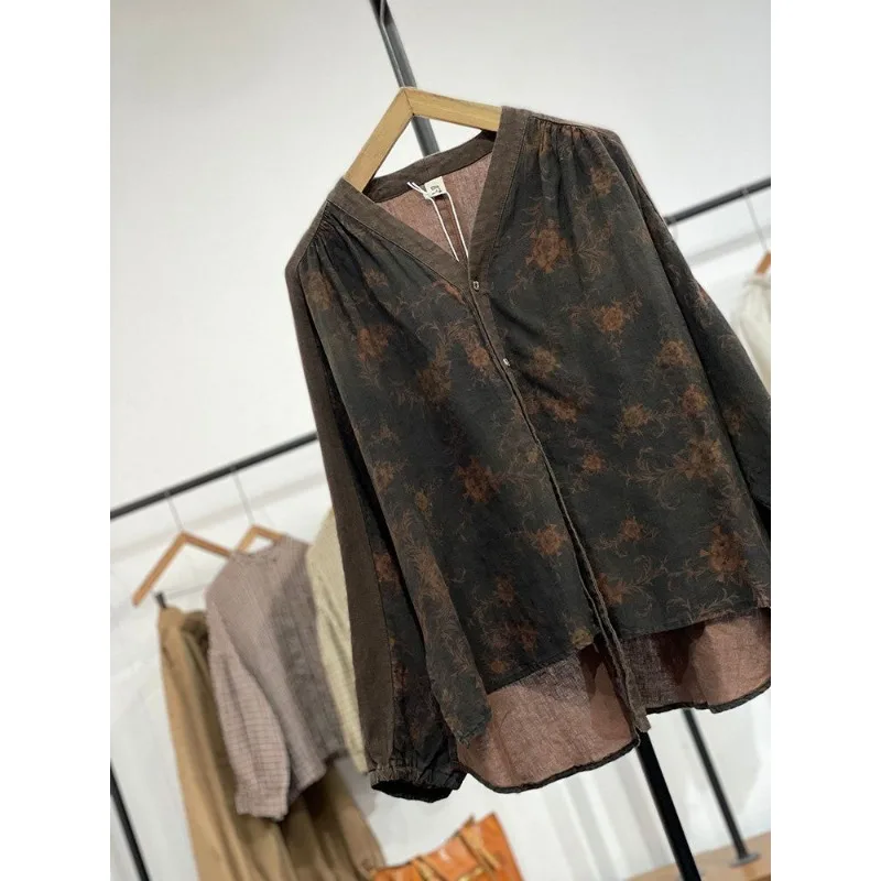 

Ethnic Style Literary Retro Shirt Women's Commuting Contrast Color Long-sleeved Top