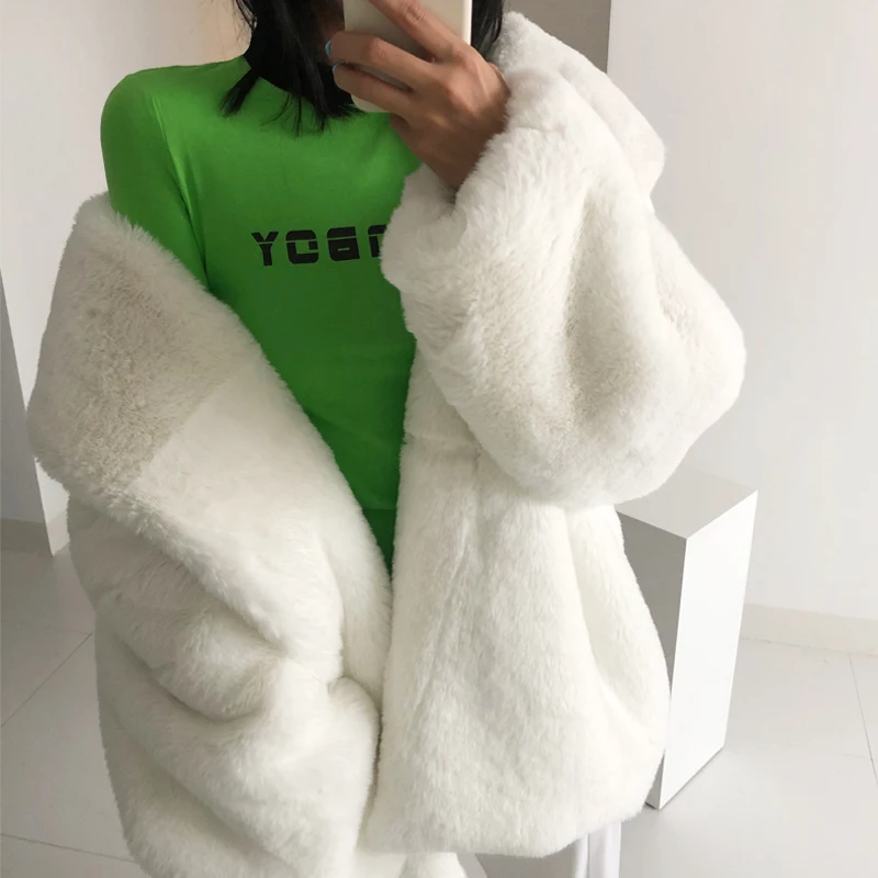 winter fashion new loose sxey imitation fur super thick heavy industry rabbit hair medium long bathrobe coat fur white top 2024