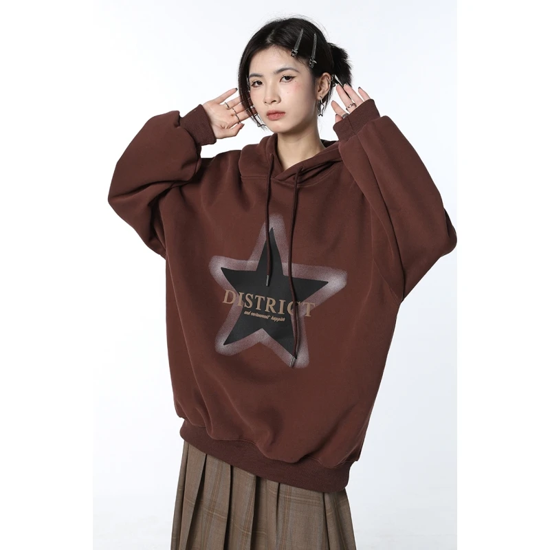 

Womens Clothing Brown Vintage Street Sweatshirt Hoodie Stars Long Sleeves Casual Plush Warm Oversize Baggy Female Tops Winter
